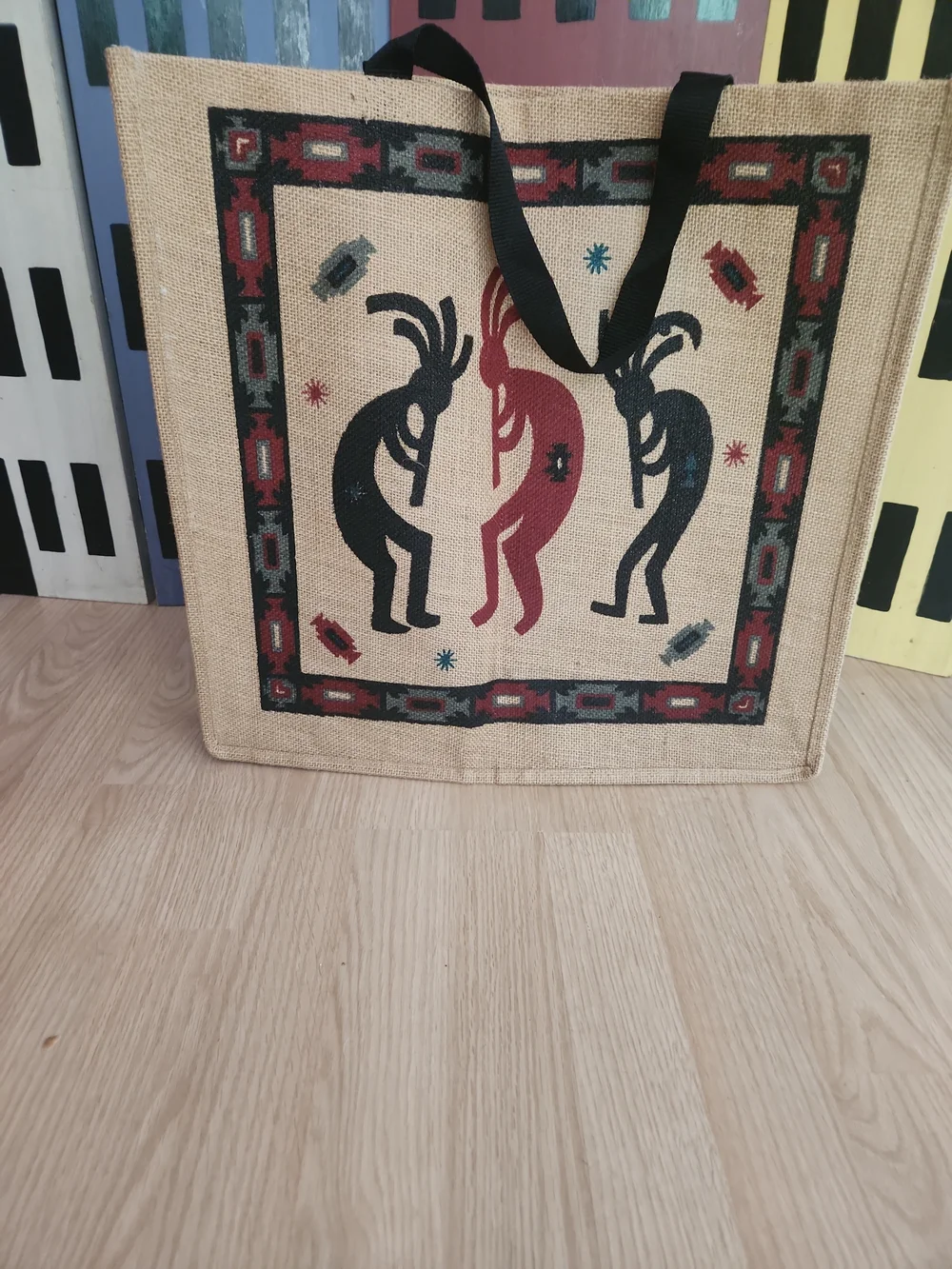 Jute Tote Bag with Kokopelli Print - Red & Black